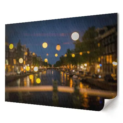 Retro plagát Nočný pohľad na kanál v Amsterdame