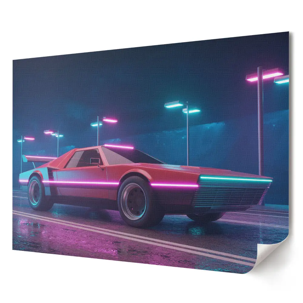 Retro plagát s futuristickým autom v neónových farbách