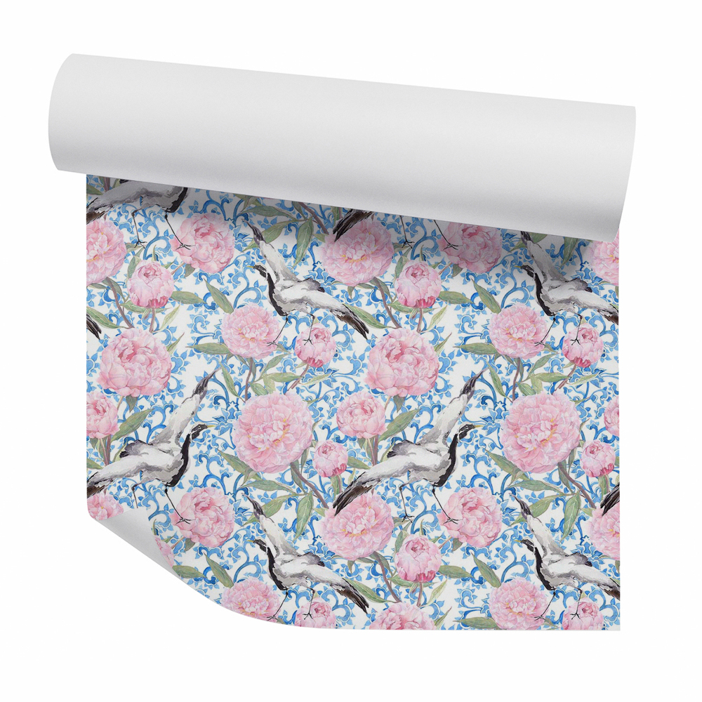 Tapeta na stenu Lietajúce vtáky medzi ružovými kvetmi