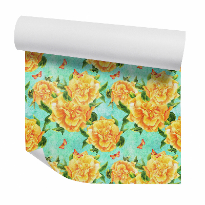 Tapeta na stenu Žlté dekoratívne kvety a motýle