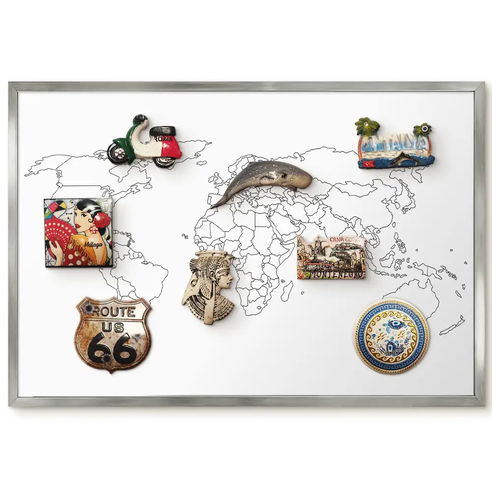 Dekoračná magnetická tabuľa s čiernobielou obrysovou mapou sveta