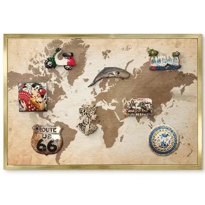 Nástenná magnetická tabuľa s mapou sveta v hnedom vintage prevedení so zlatým rámom