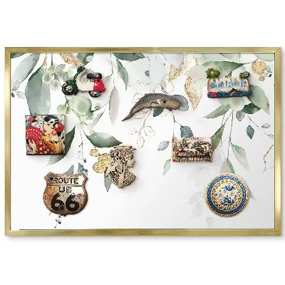 Nástenná magnetická tabuľa v zlatom ráme s motívom jemných listov v pastelových farbách
