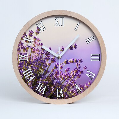 Drevené nástenné hodiny Levanduľové pole na úsvite.