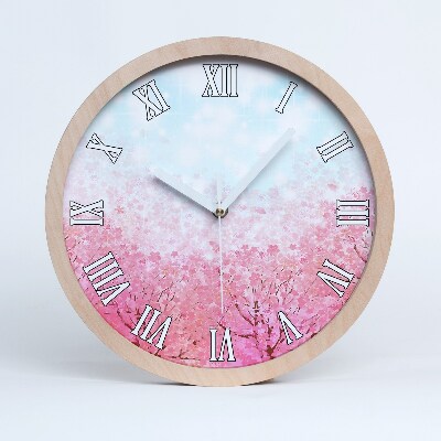 Drevené nástenné hodiny Sakura kvety a modrá obloha.