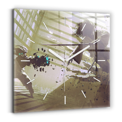 Štvorcové nástenné hodiny Boj medzi robotom a samurajom