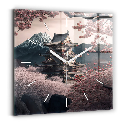 Štvorcové nástenné hodiny Veža a kvety v Ázii